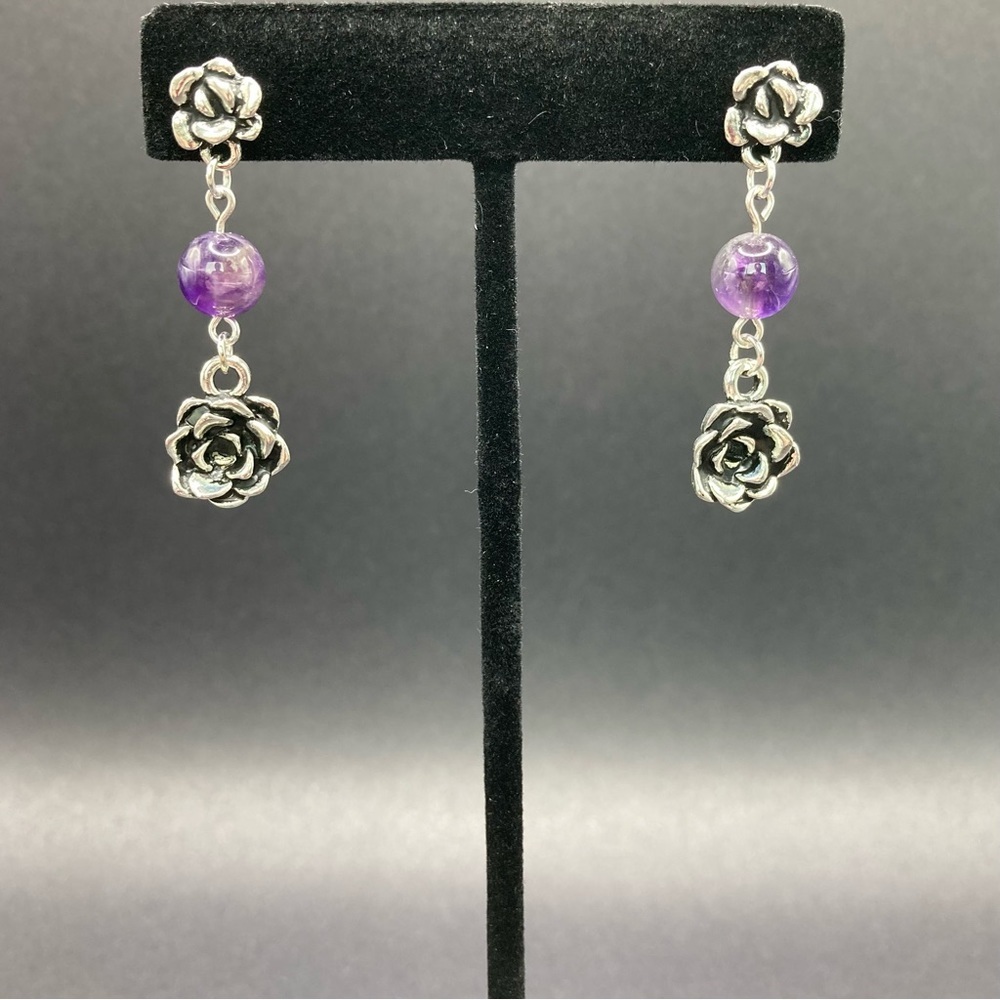 HAND CRAFTED Succulent Flowers Dangle EARRINGS Amethyst 1.5” Hypoallergenic NWT - Picture 4 of 7